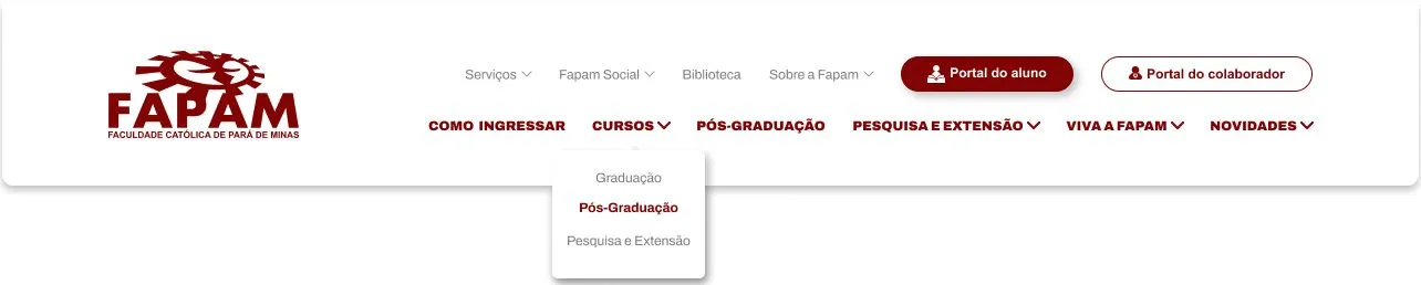 Componente de menu com o dropdown de Cursos aberto: Graduação, Pós-Graduação, Pesquisa e Extensão